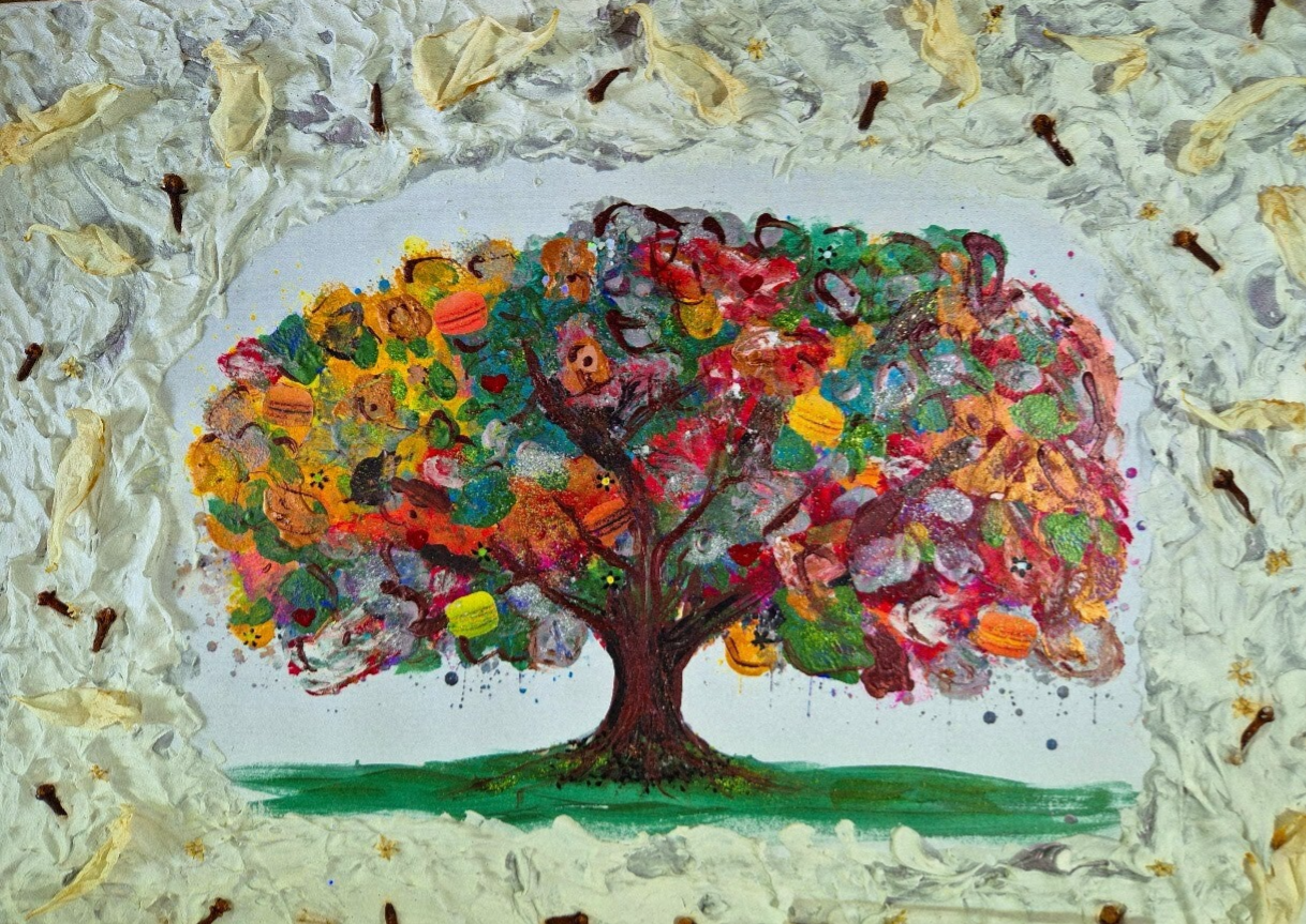 Handgefertigtes 3D Strukturbild Lebensbaum mit plastischer Strukturpaste und Gold-Akzenten von Vanessa Wolchowe kaufen.