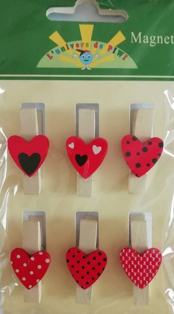 Lot de 6 pinces à linge coeurs rouges à motifs
