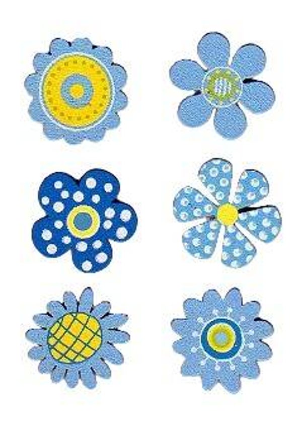 Lot de 6 fleurs en bois décorées bleues