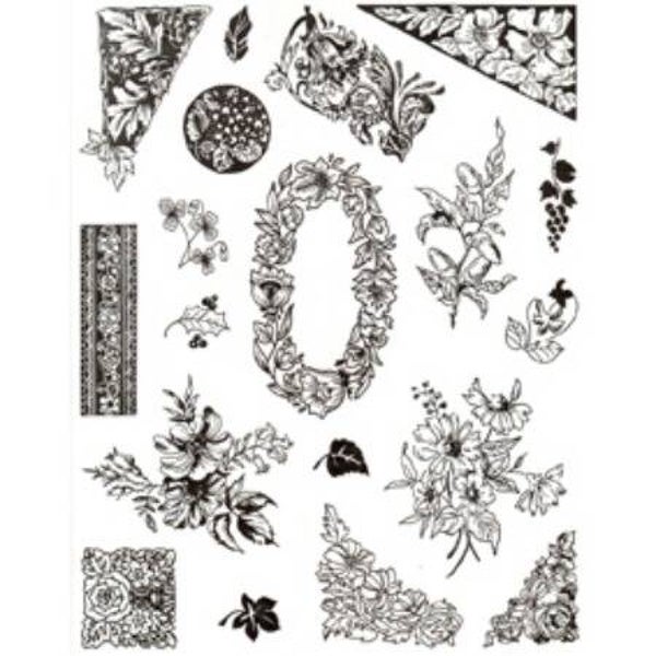 tampons transparents motifs floraux + bloc acrylique