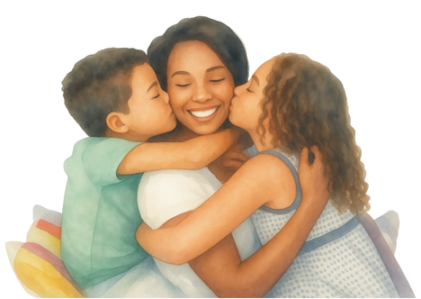 Children kissing mom on her cheeks.