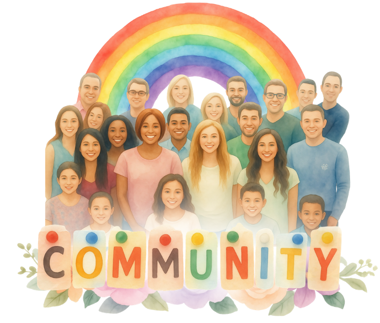 Diversity of people gathered in front of a rainbow backdrop with the word 'Community' as a label.