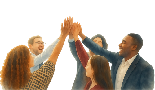 Diversity group of people celebrating with a group high-five.