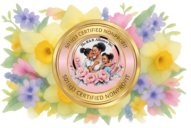 The R&R Alliance Inc. 501(c)(3) certified nonprofit emblem against a flowery backdrop.