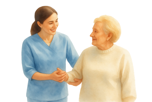 Young female holding the hands of an elderly female.