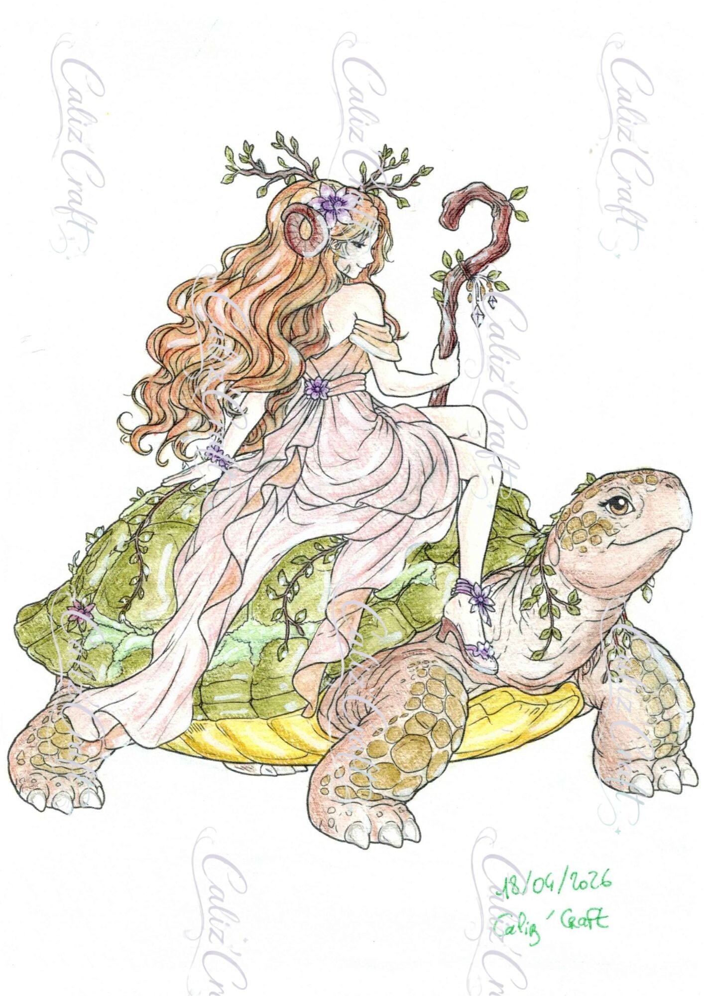 ✨ Print A4 – Dryade sur le dos d’une tortue