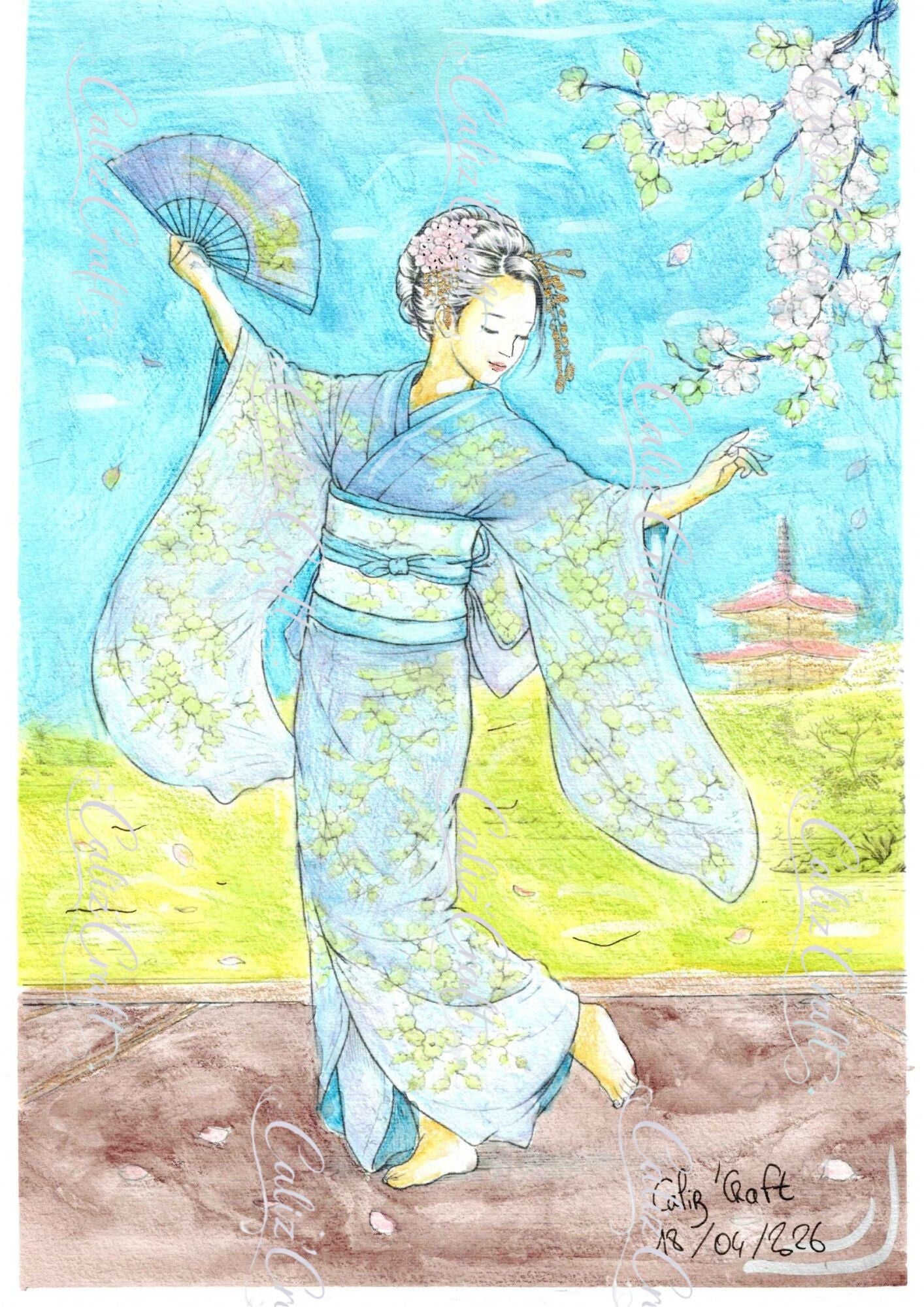✨ Print A4 – Geisha sous les cerisiers en fleurs
