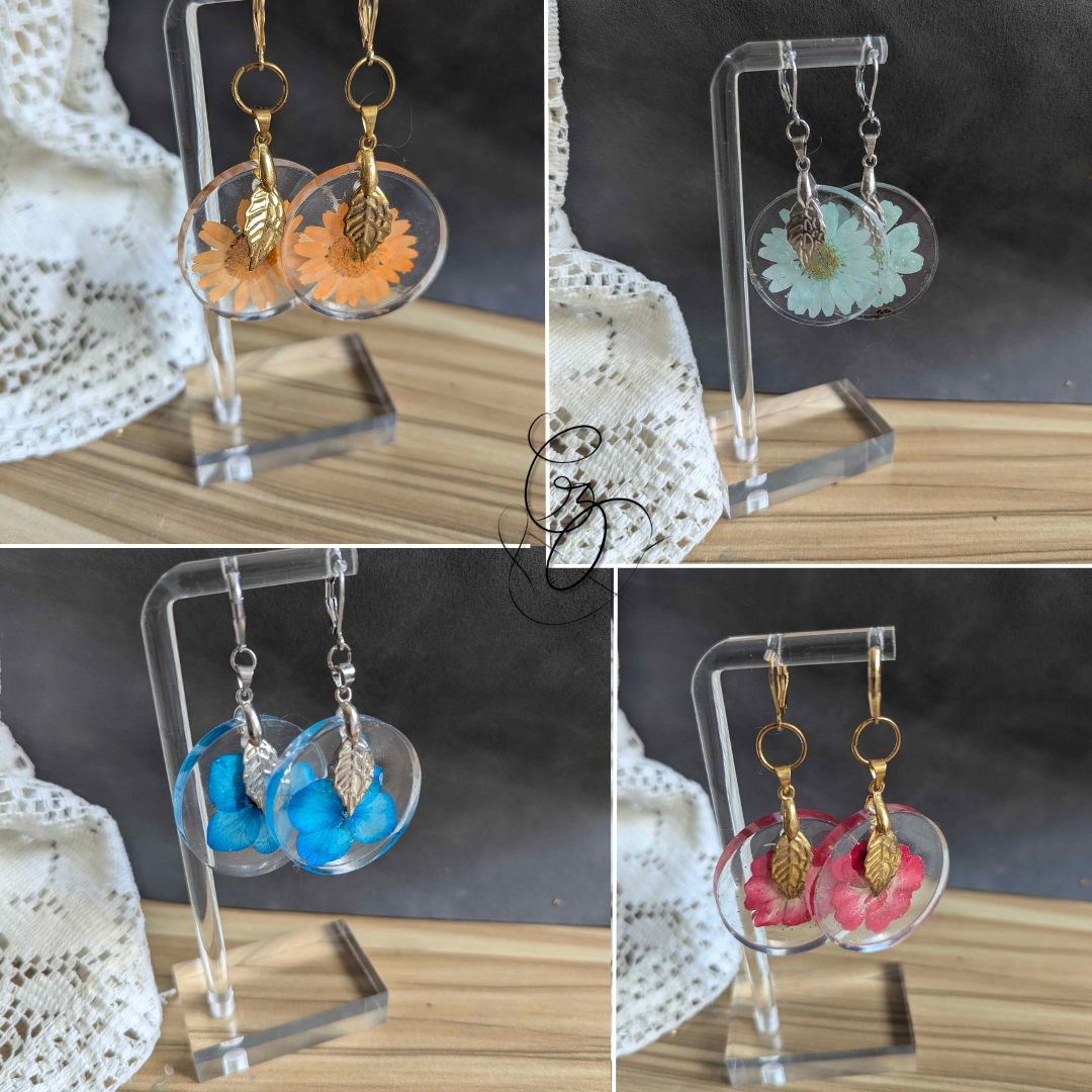 Boucles d’oreilles fleuries en résine – Feuille en breloque🍃✨