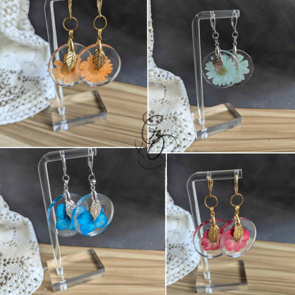 Boucles d’oreilles fleuries en résine – Feuille en breloque🍃✨