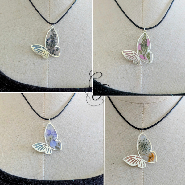 🦋 Collier papillon en résine – Fleurs séchées & poésie naturelle
