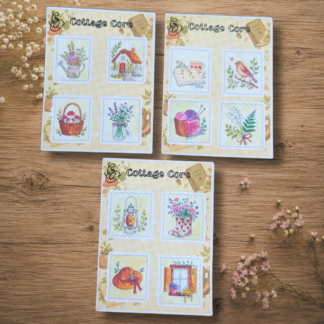 Planche de stickers “Cottage Core” – Aquarelles douces & champêtres 🍄🌿