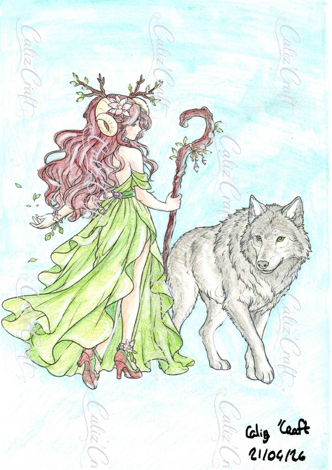 ✨ Print A4 – Dryade et loup blanc