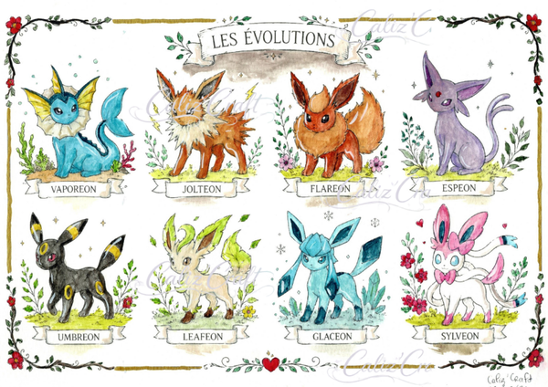 🌿 Les évolutions d'Évoli à l'aquarelle !