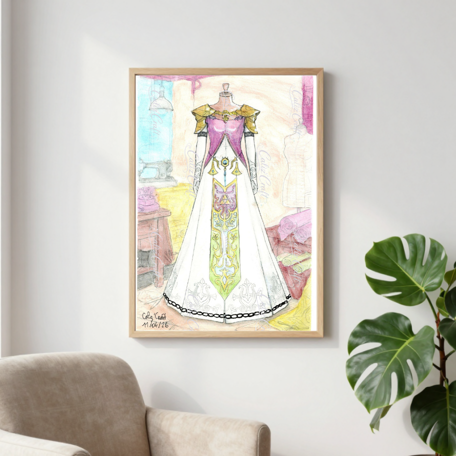 ✨ Print A4 – Robe de Zelda dans l’atelier de couture