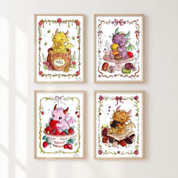 Dragons Gourmands – Collection d’Illustrations Fantasy Aquarelle (Lot de 4 ou unitaire)