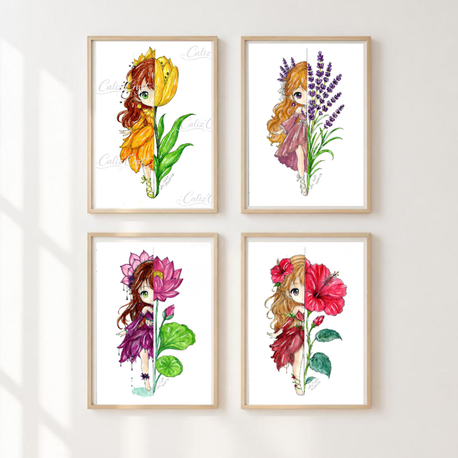 🌸 Série de 4 Prints Aquarelle Chibis Fleurs — Illustrations Fleurs & Fées