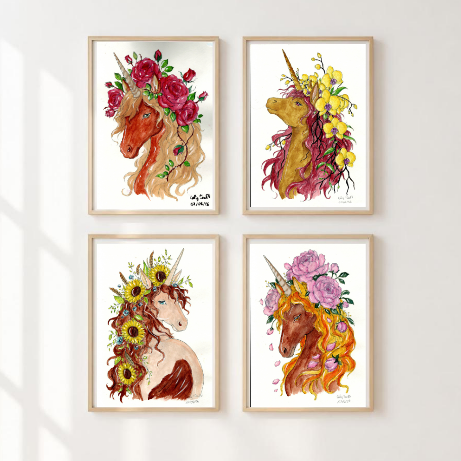 🦄 Série de 4 Prints Aquarelle Licornes Fleuries — Illustrations Fantastiques & Botaniques