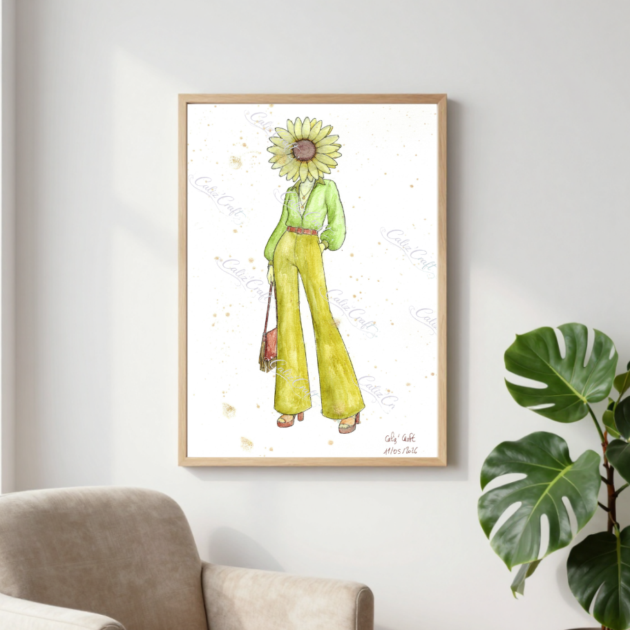 🌻 Print A4 – Femme Tournesol rétro