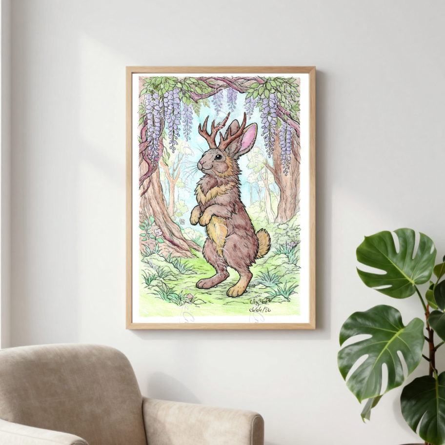 🐇✨ Print A4 – Jackalope sous les glycines