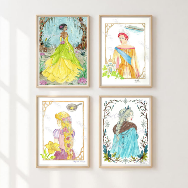 Print Aquarelle Princesses | Tiana, Anastasia, Raiponce & Elsa | Illustration Féminine Fantaisie | Décoration Murale