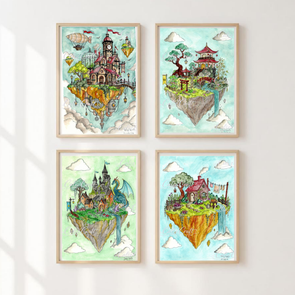 Print aquarelle fantasy – Île flottante enchantée – Illustration fantastique – Décoration murale – Château, dragon, cottage & temple japonais