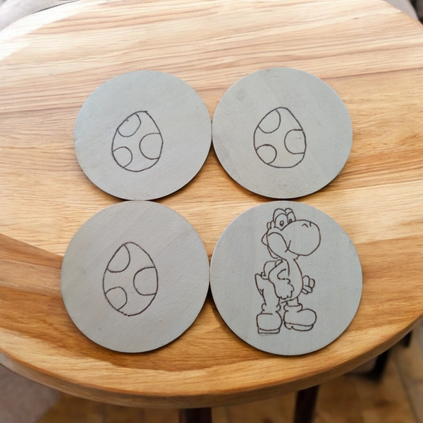 Dessous de verre pyrogravés : Yoshi