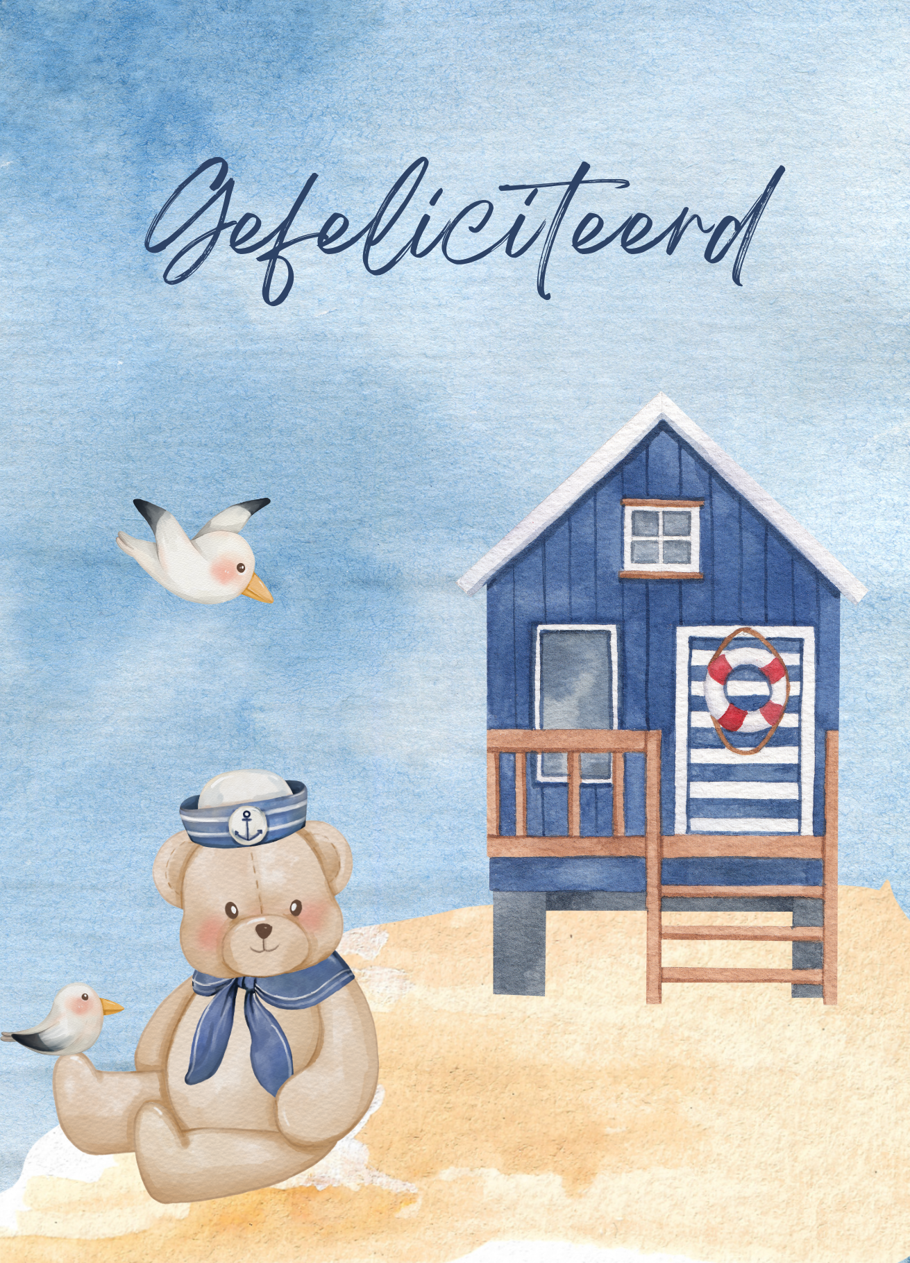 Wenskaart kinderen- Beer op het strand