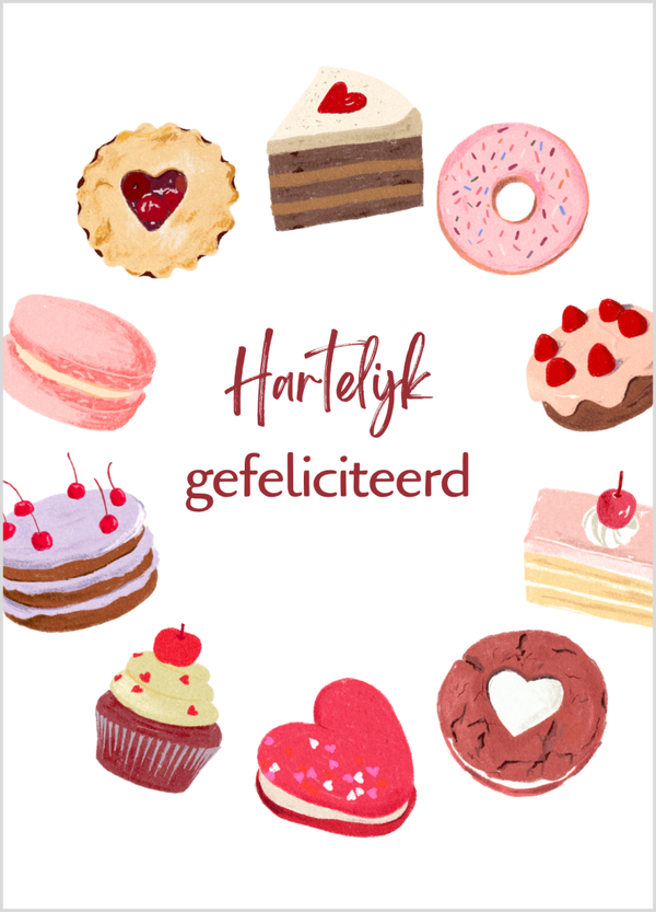 Wenskaart gefeliciteerd koekjes en taartjes