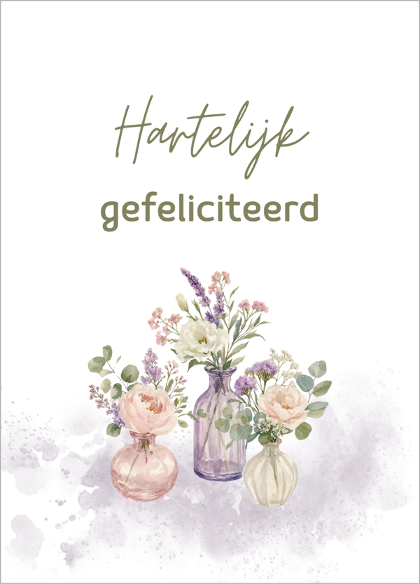 Wenskaart gefeliciteerd- pastel vazen