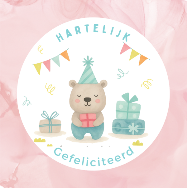 Dubbele wenskaart - Kinderkaart gefeliciteerd beertje feest aquarel