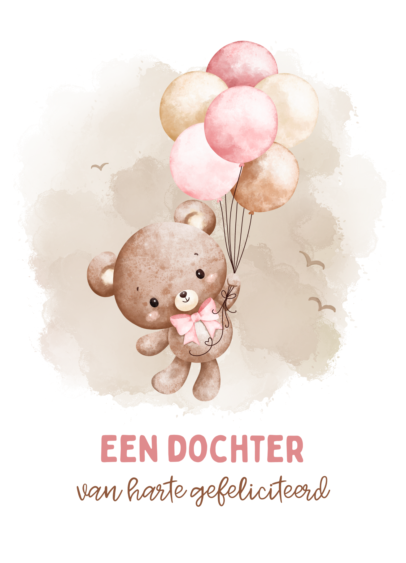 Wenskaart geboorte dochter- Beer met ballonnen