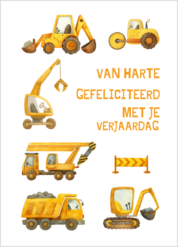 Wenskaart verjaardag bouwmachines