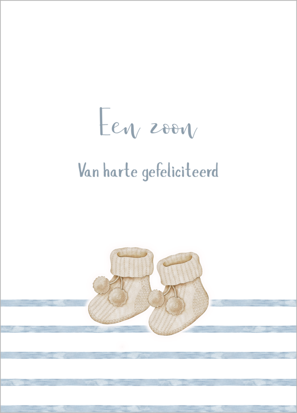 Wenskaart geboorte zoon- gebreide slofjes