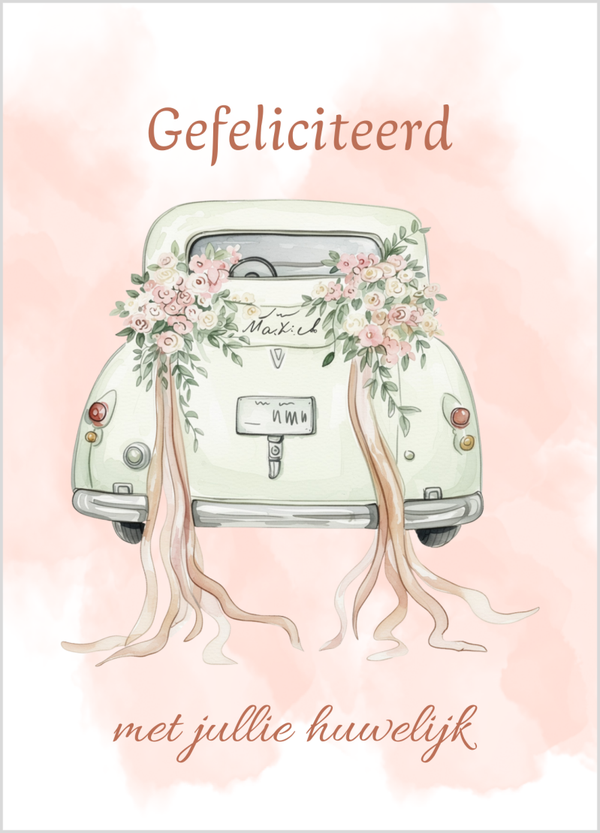 Wenskaart huwelijk trouwauto