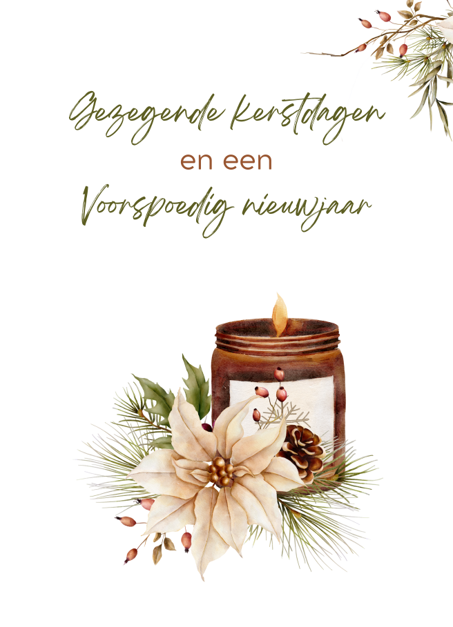 Kerstkaart met kaars en bloemen