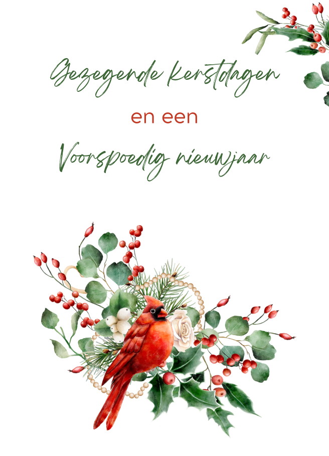 Kerstkaart met kardinaalvogel en bloemstuk