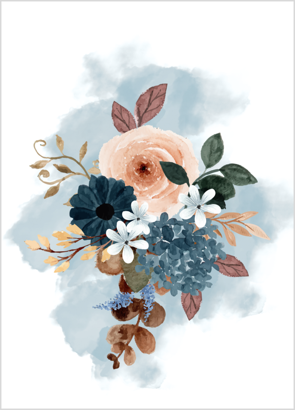 Wenskaart bloemschikking in blauw en bruin