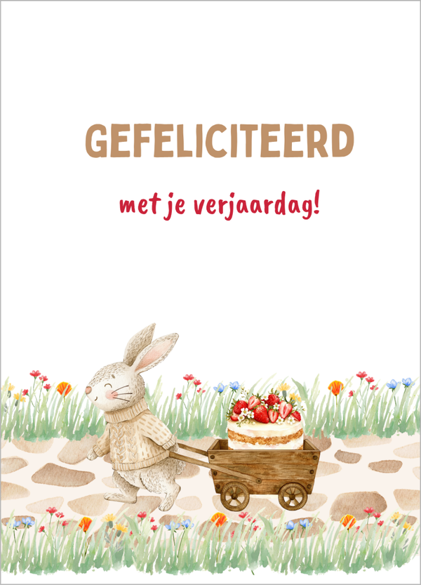 Wenskaart verjaardag - konijntje met taart