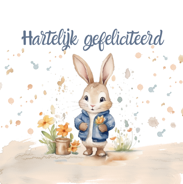 Dubbele wenskaart - Kinderkaart gefeliciteerd konijntje