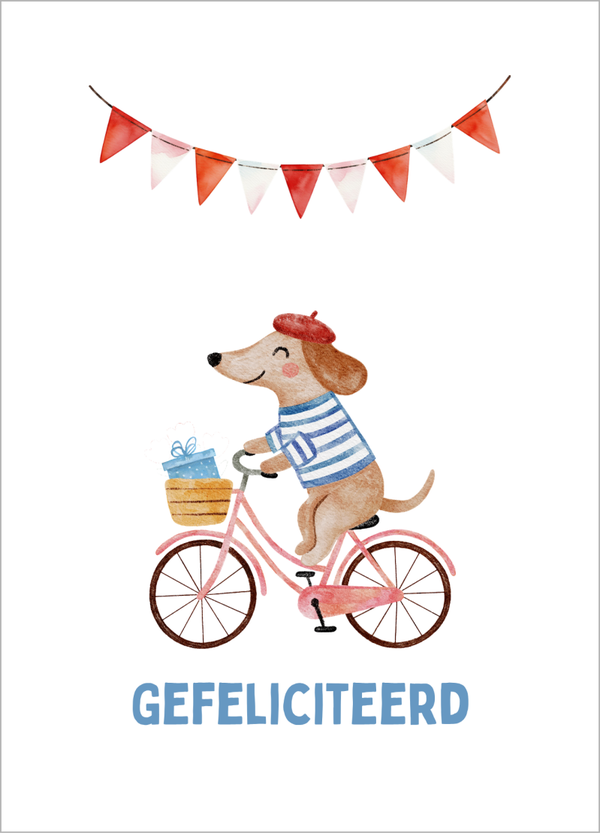 Wenskaart verjaardag - Hond met cadeautje
