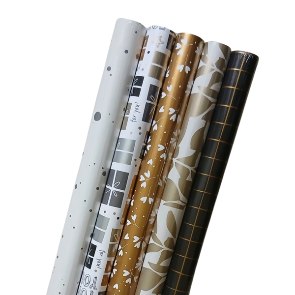 Cadeaupapier - 5 rollen inpakpapier- zwart-wit-goud