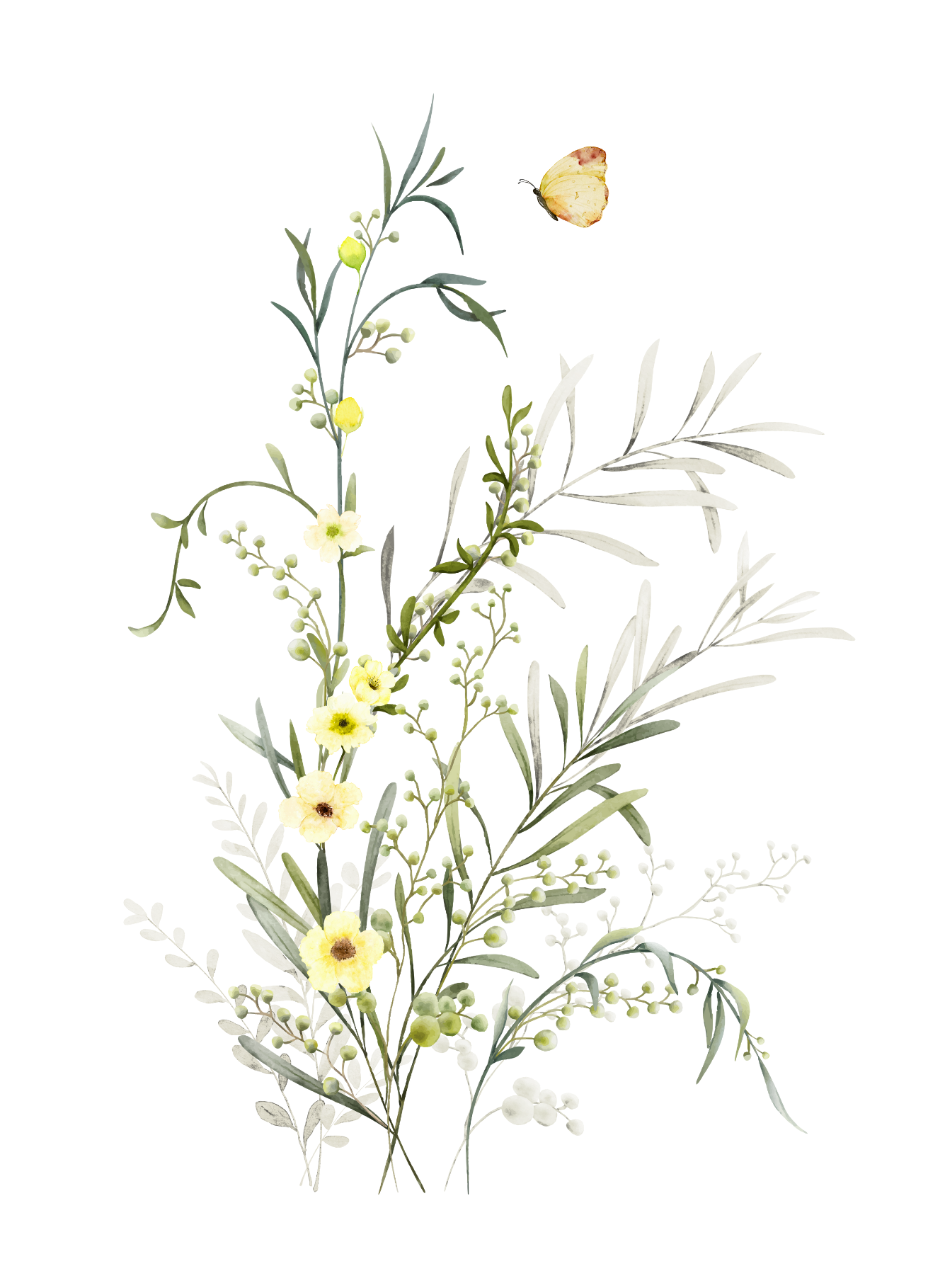 Wenskaart- Groene takje met gele bloemen- Blanco