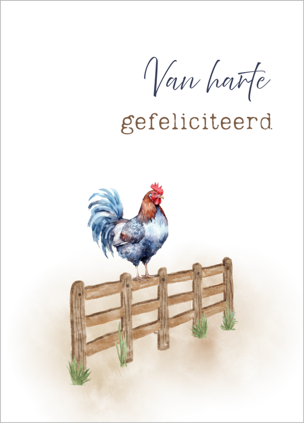 Wenskaart verjaardag - Haan op hek