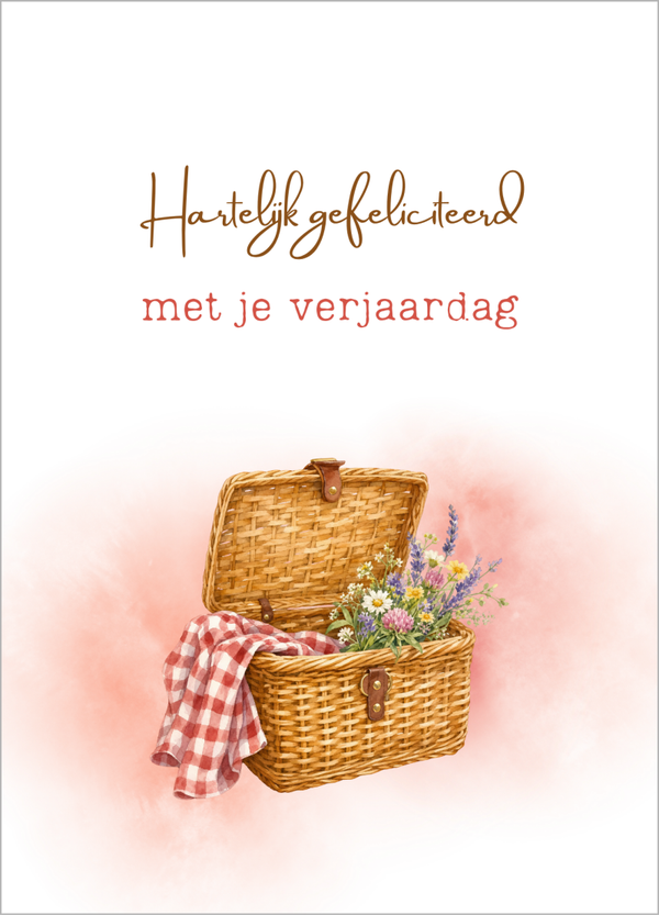 Wenskaart verjaardag - Picknickmand met bloemen