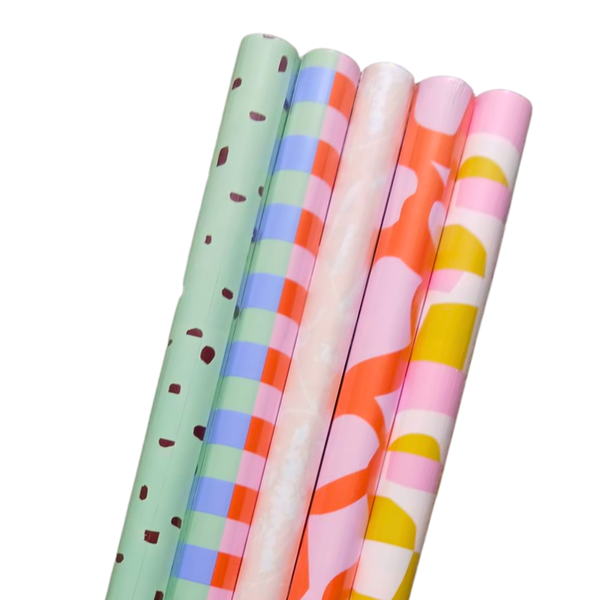 Cadeaupapier - 5 rollen inpakpapier- mintgroen-oranje