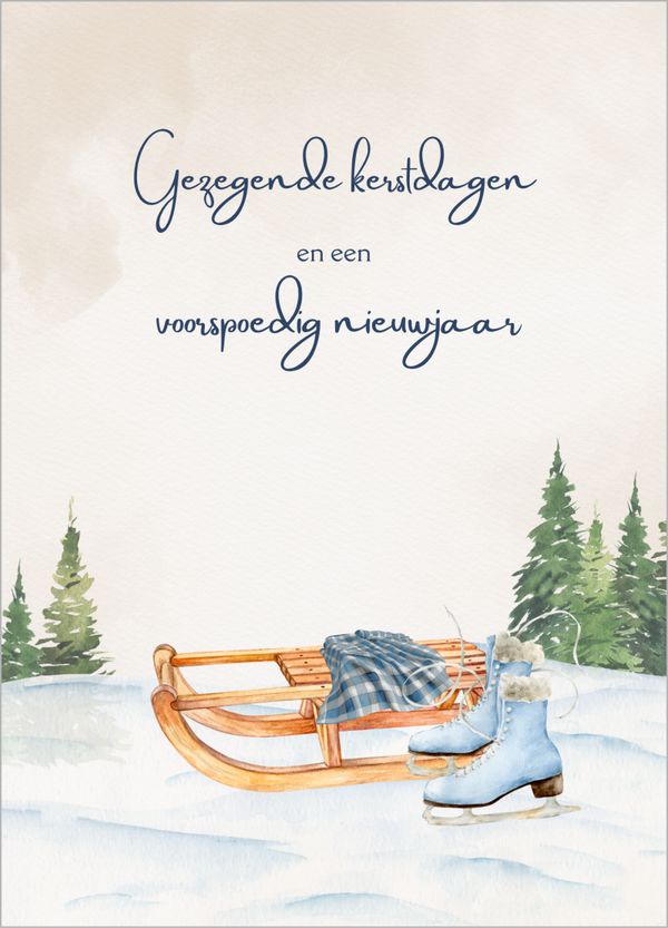 Wenskaart gezegende kerstdagen- slee en schaatsen