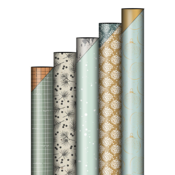 Cadeaupapier kerst- 5 rollen inpakpapier- Set 2