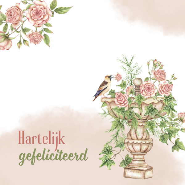 Dubbele wenskaart - Kaart gefeliciteerd vaas roze rozen