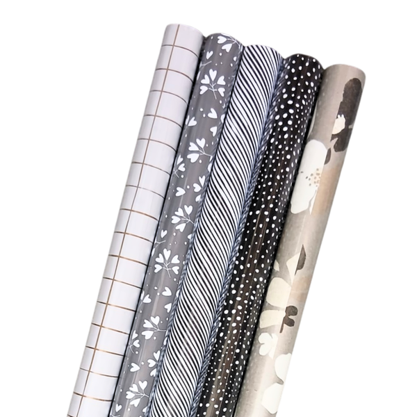 Cadeaupapier - 5 rollen inpakpapier- wit-grijs-zwart