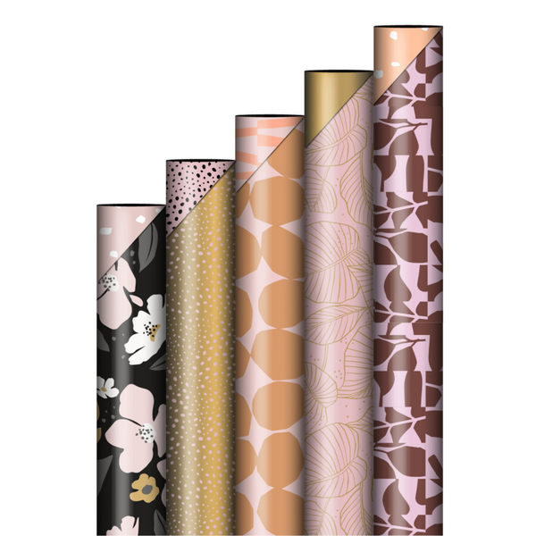 Cadeaupapier- 5 rollen inpakpapier: roze- goud